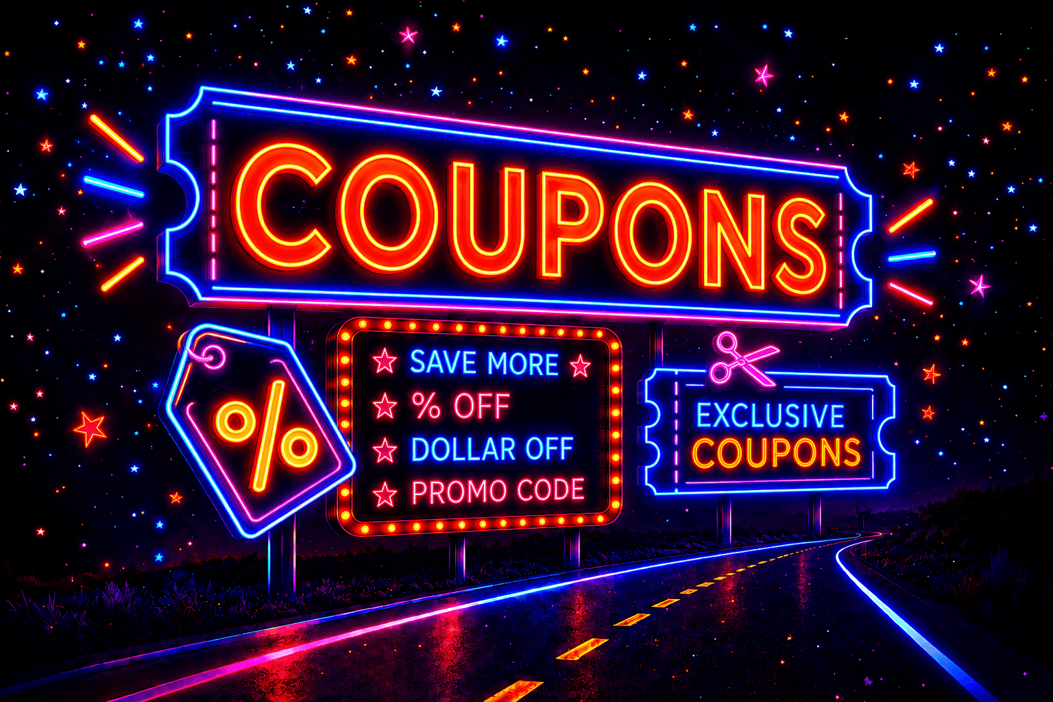 Neon Coupons sign beside Route 66 at night — hotel coupons along the Mother Road