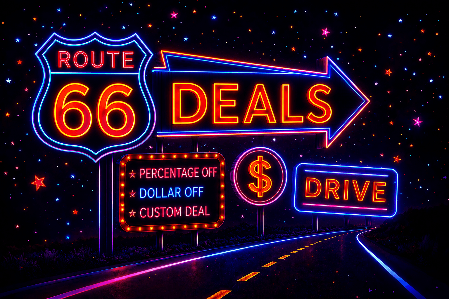 Neon sign over a Route 66 motel at dusk — hotel deals along the Mother Road